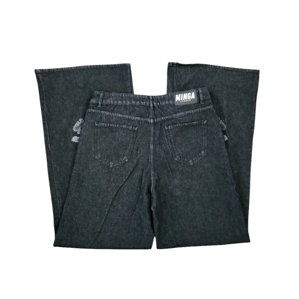 Minga London Bones Black Washed Denim Jeans Skeleton Print Wide Baggy Leg SZ 36 - Picture 10 of 16